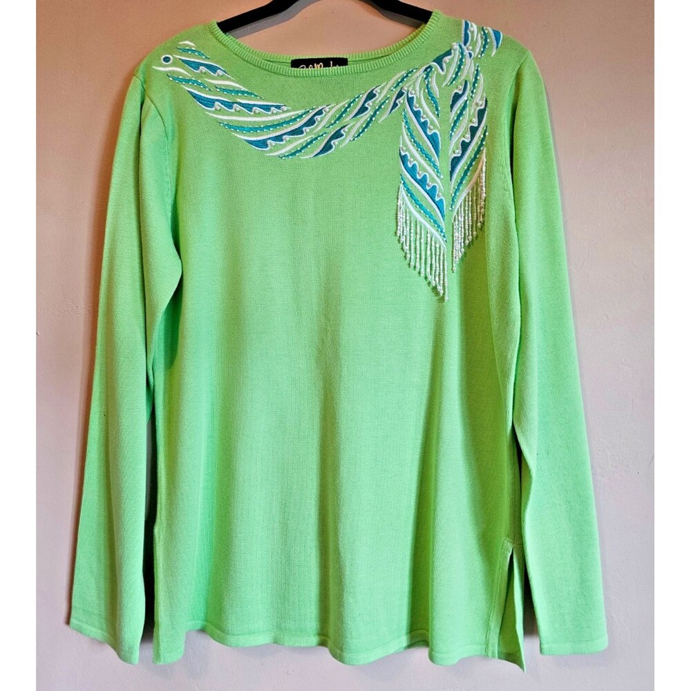 Bob Mackie Wearable Art Womens small Beaded Sweater Scarf Green Embroidered